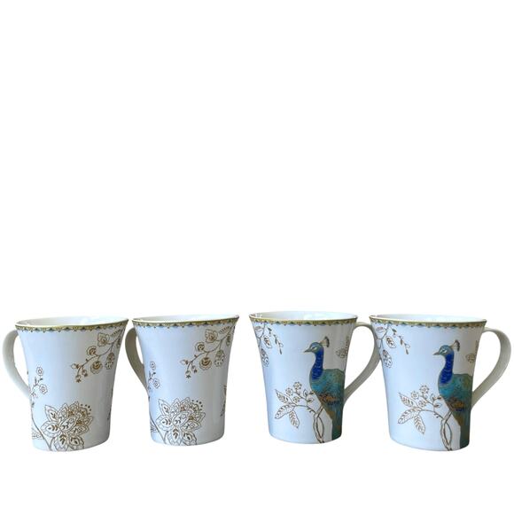 222 Fifth Peacock Garden Porcelain Mug Set of 4 Teal Gold Floral Scroll NEW - Picture 2 of 16